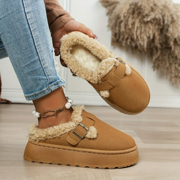 GYTY Cozy Women's Winter Slipper Boots - Warm Fleece-Lined, Buckle Strap Closure, Thick Sole, Beige Fabric Half-Slippers with Fluffy Fur Trim for Indoor/Outdoor Comfort, Cozy Footwear