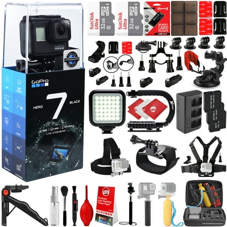 GoPro HERO7 Black 4K 12MP Digital Camcorder w/ 64GB - 42PC Sports Action Bundle (2x 32GB Micro SD cards, 3 Batteries, Rapid AC/DC Charger, High Power LED Light, X-GRIP Stabilizing Handle & (Best Underwater Light For Gopro)