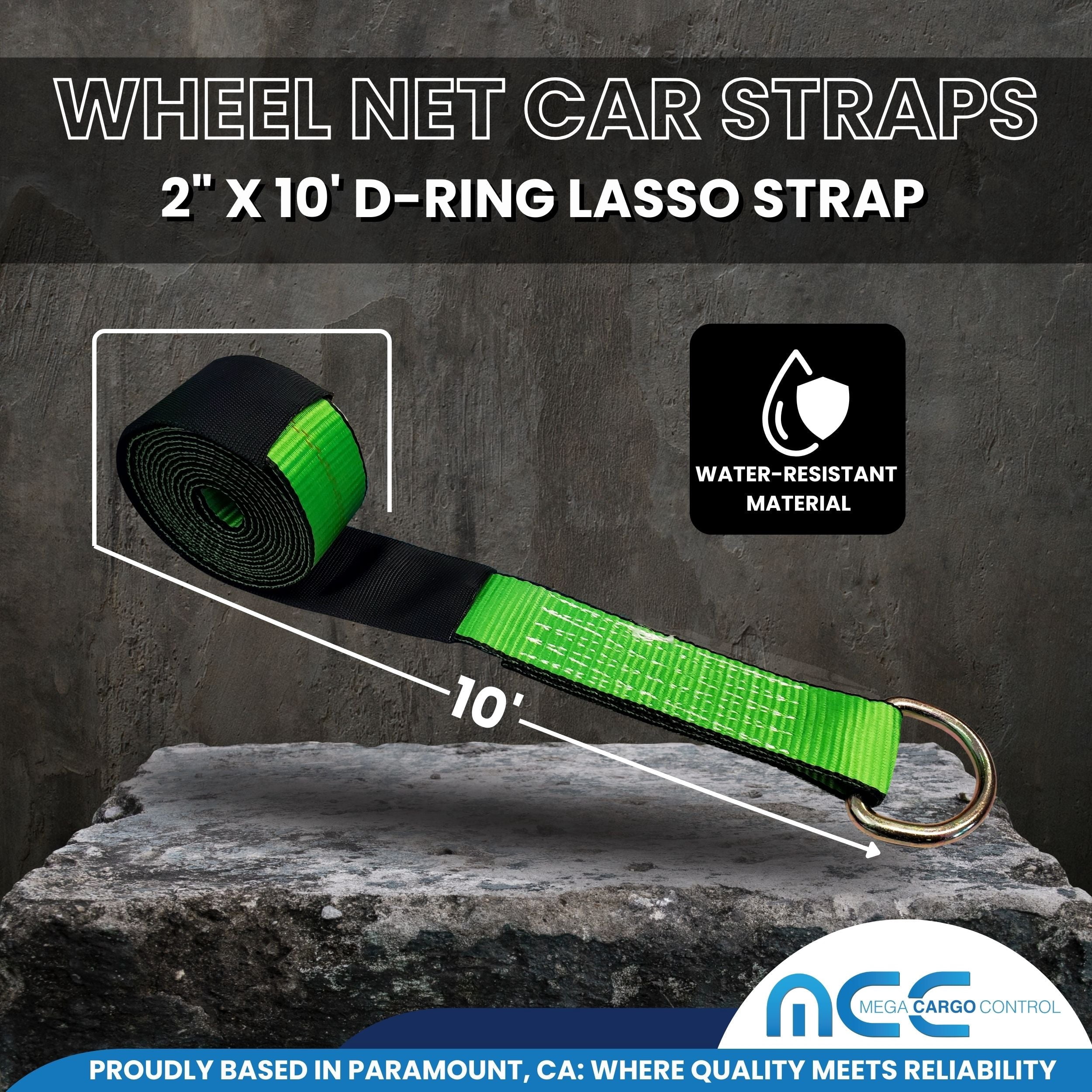 Mega Cargo Control 4 Pack 2" x 120" Car Hauler D-Ring Tie Downs Black Flat Hook Ratchet Straps, Green