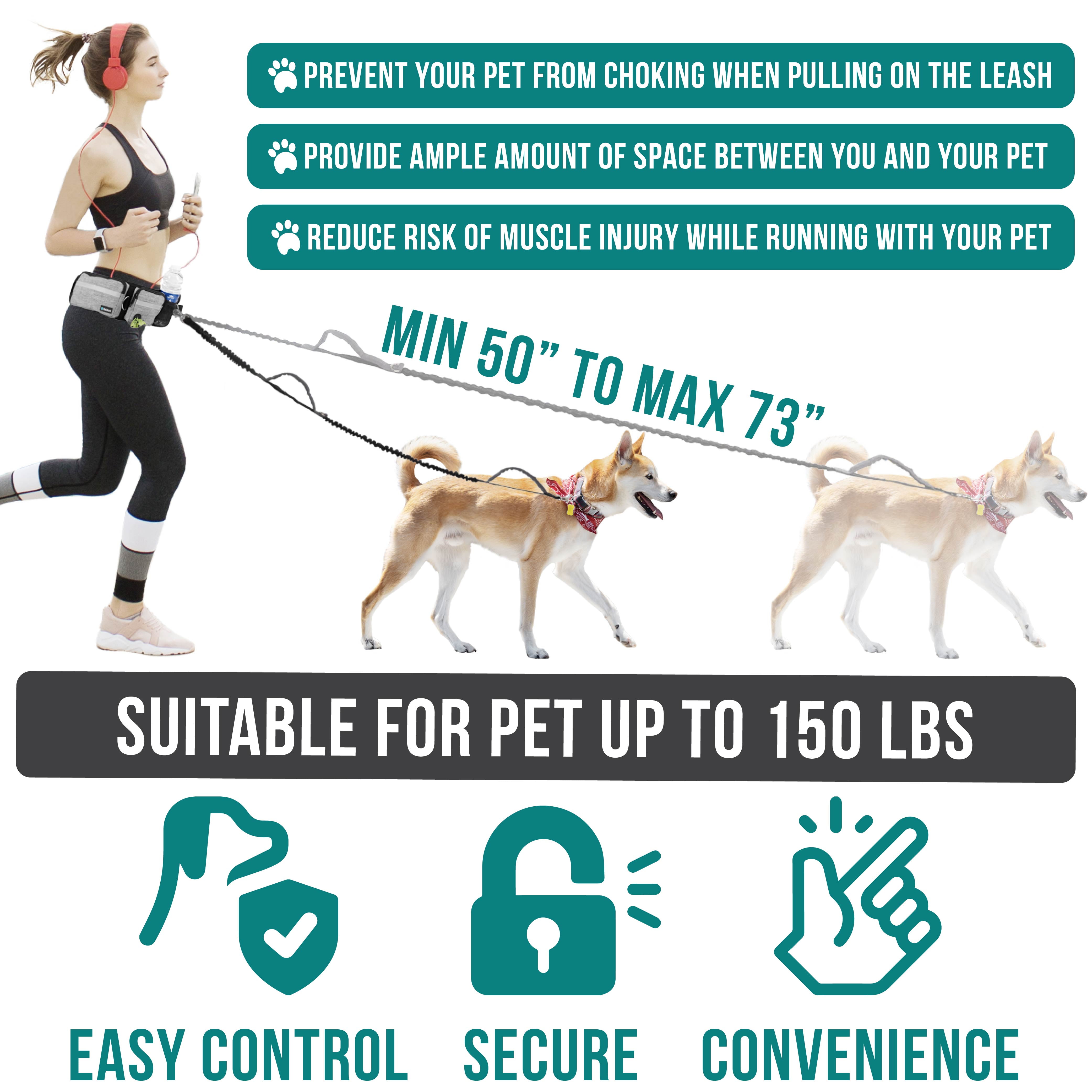 PetAmi Hands Free Dog Leash, Dog Running Leash Belt Bag for Walking, Jogging, Dog Waist Double Zipper Pouch with Poop Bag Dispenser, Dual Padded Handles Reflective Bungee Leash, Single (Heather Grey)