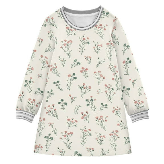 Girls' long-sleeved dress Retro Small Flowers Girls' A-line dress with ribbed cuffs Soft and comfortable
