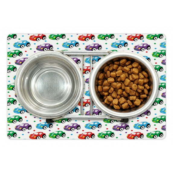 Cars Pet Mat for Food and Water, Children Baby Boy Toy Pattern with Dots Number 5 Cars for Joyous Play Time, Non-Slip Rubber Mat for Dogs and Cats, 18" X 12", by Ambesonne