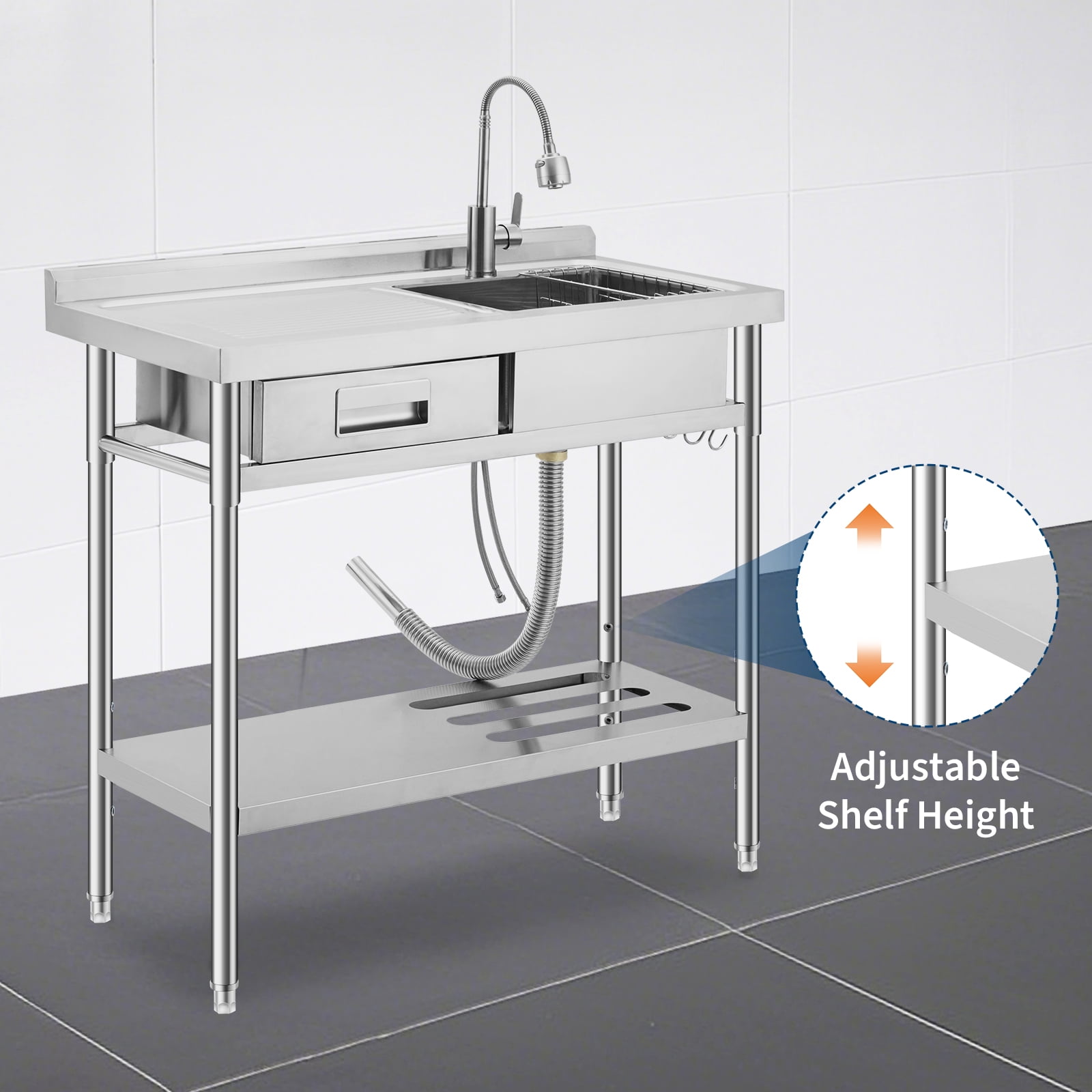 Outdoor Utility Sink,Free Standing Stainless Steel Laundry Tub, Single Bowl Portable Washing Hand Basin Station,fish Cleaning Table&Storage Shelves for Garage, Restaurant, Kitchen,Camping, Backyard