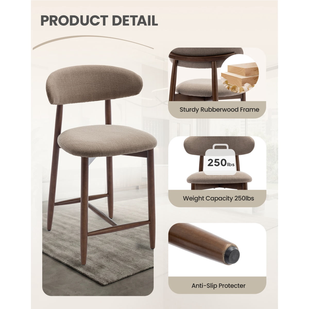 EOP Modern Bar Stools Set of 2, Upholstered 25.59″ Counter Height Bar Stools, Kitchen Island Barstools with Wood Legs for Kitchen Island Dining Room Bar, Camel