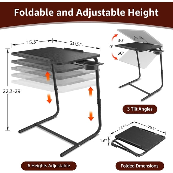 Adjustable TV Tray Black Dinner - Folding Trays for Eating On Couch Wooden Tables Mate Stand Foldable Desk with Cup Holder Portable