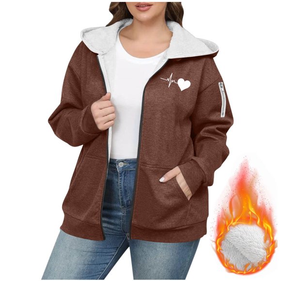Mceream Womens Fleece Hooded Jackets Trendy Thick Sherpa Lined Long Sleeve Zip up Jacket Coats Winter Warm Thermal Hooded Sweatshirt Jacket 2025 Plus Size Outwear Chaqueta Invierno Para Mujer Brown L