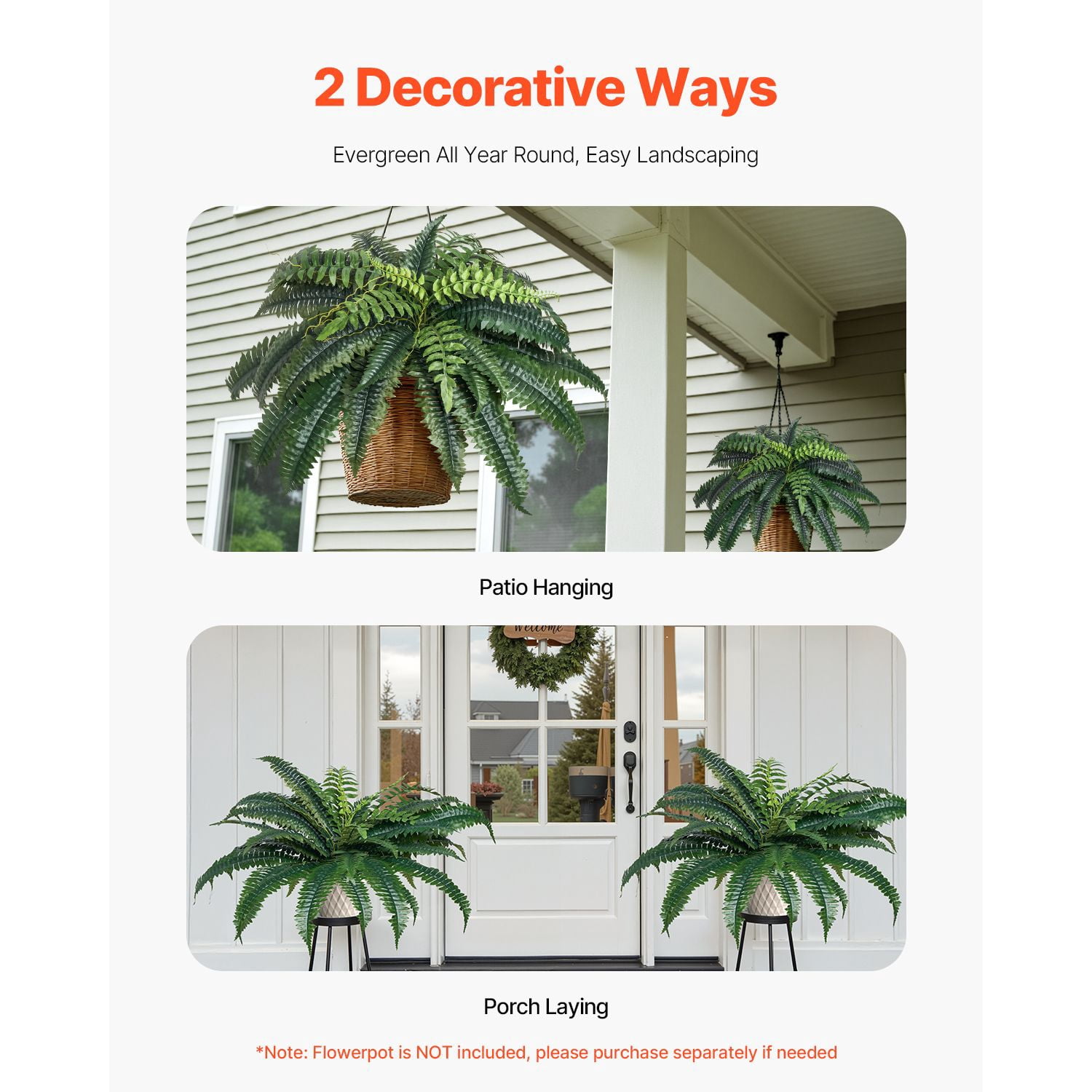 Large Artificial Ferns 2-Pack Fake Plants, 35-39 Inch Spread Full Size Lifelike Faux Fern, Big Greenery for Home Garden Porch Indoor Outdoor