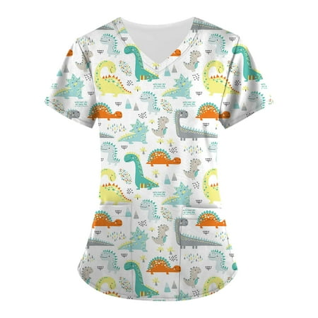

YDKZYMD Women Scrubs Top Pockets Workwear Animal Print V Neck Short Sleeve Uniform Scrub Tops A-Beige M