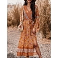thumbnail image 5 of Cenuakty Women's Summer Bohemia Long Dress Long Sleeve Wrap V-Neck Retro Print Tie Front Slit A-Line Dress for Beach, Party, 5 of 8