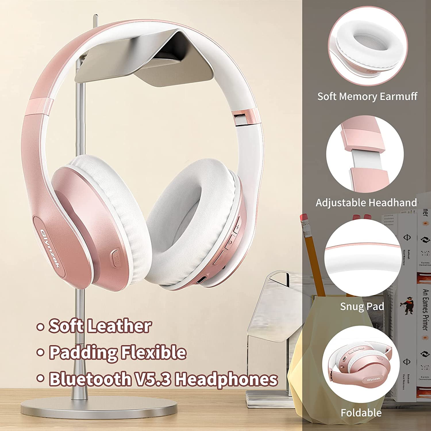 Wireless Over Ear 65H Playtime HiFi Stereo Headset with Microphone and 6EQ Modes Foldable Bluetooth V6.0 Headphones for Travel Smartphone Computer Laptop Rose Gold
