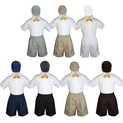 

4pc Set Boy Toddler Formal Yellow Bow Tie White Navy Khaki Shorts+Hat S-4T