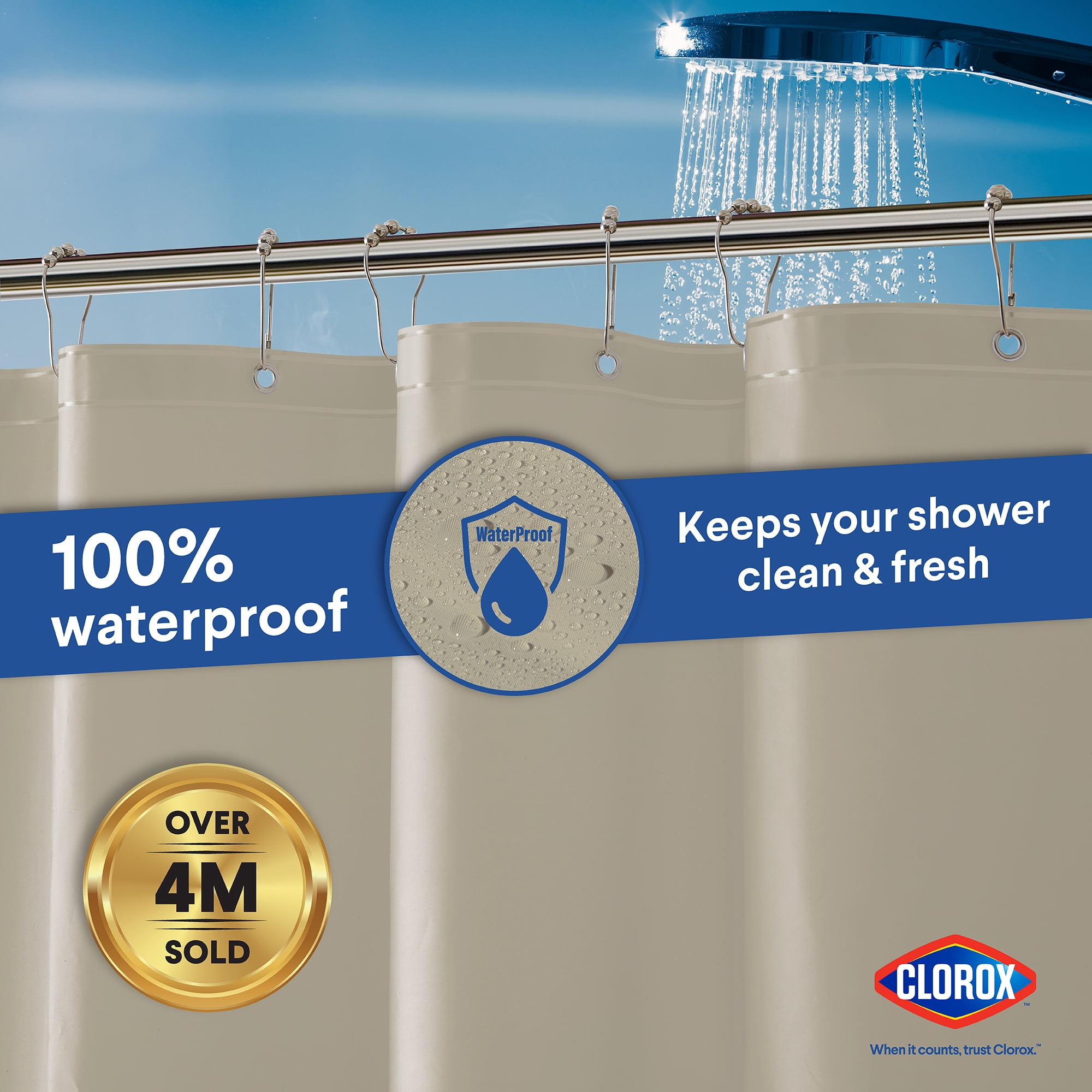 Clorox Shower Curtain Liner Heavyweight Waterproof PEVA with Metal Grommets 72" x 72" Beige