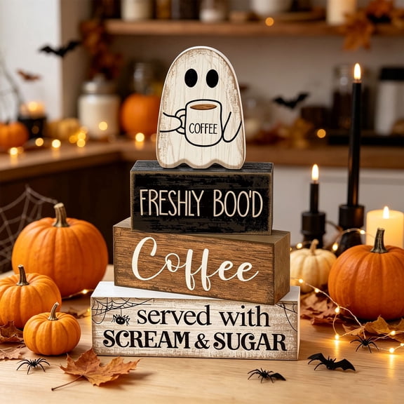 4 Pcs Halloween Decorations Table Decor Coffee Ghost Wooden Sign Halloween Tiered Tray Decor Farmhouse Ghost Tabletop Centerpiece Decorative Coffee Bar Block Signs for Home Office Kitchen Shelf