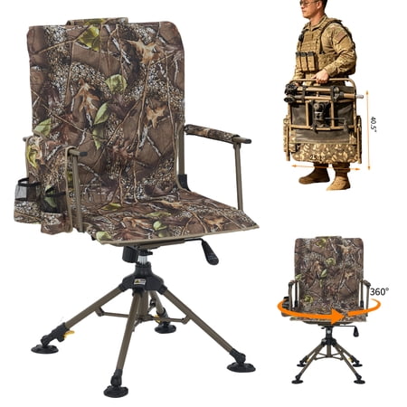 360° Swivel Hunting Chair Silent Folding Portable Blind Seat with 4 adjustable legs & seat height folding design anti-sink feet armrests supports 330lbs