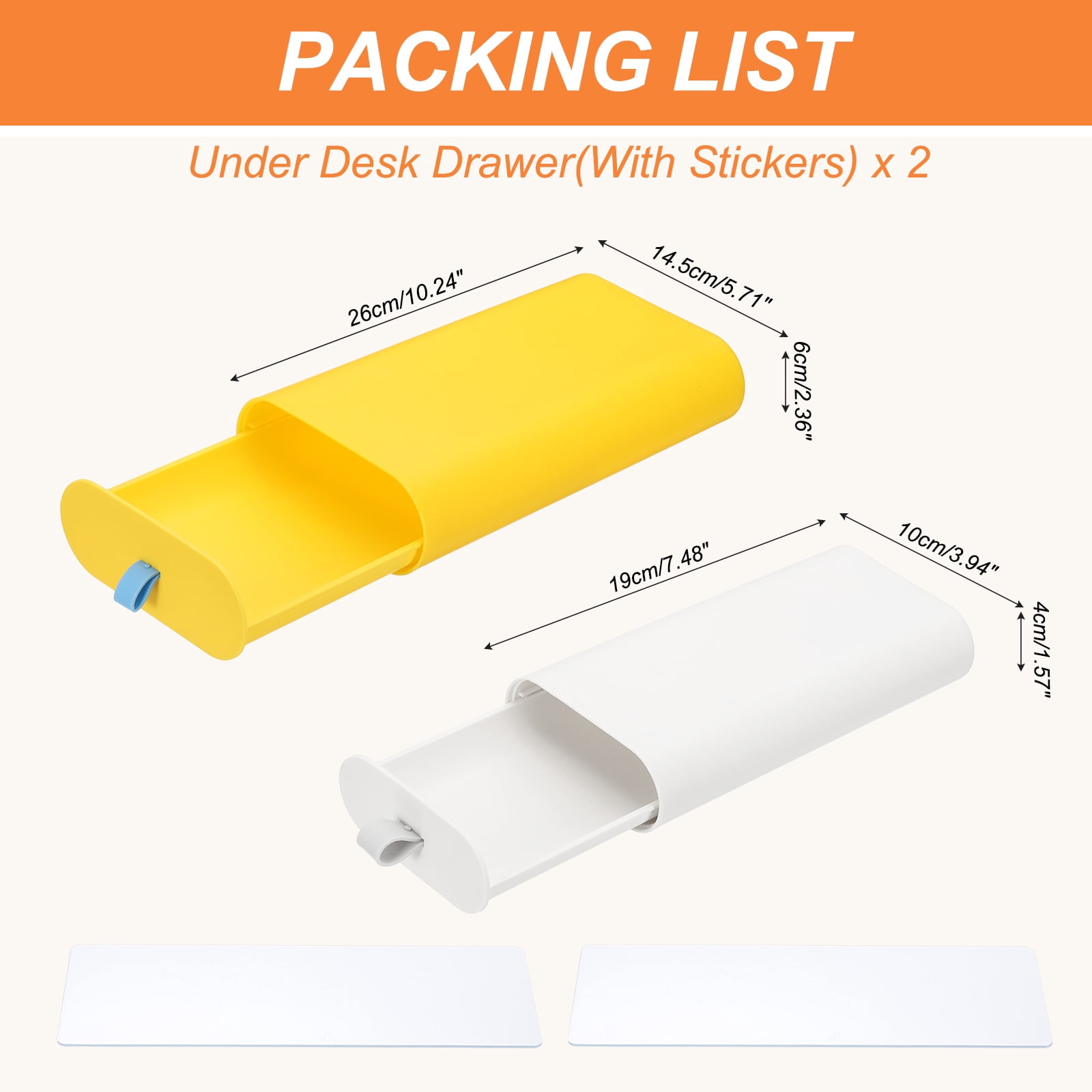 Uxcell Under Desk Drawer Self-Adhesive Slide Out Storage Box Attachable Organizer for Home Office Classroom, Yellow, White, 2 Pcs