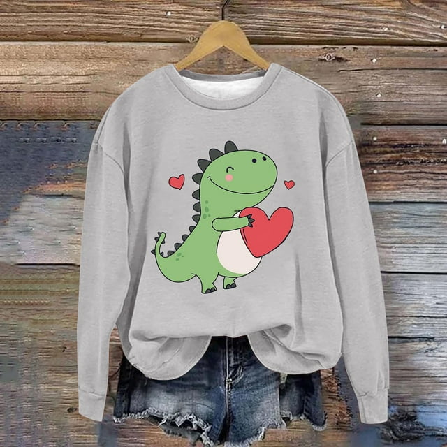 Jsaierl Chandails en Molleton pour Femmes Imprimé Dinosaure Tendance Hauts Mignons Décontractés Pulls Amples Automne Manches Longues Col Rond Chandail en Molleton