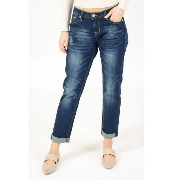 Grace in LA Jeans Women's Dark Wash Cuff Boyfriend Stretch Jeans (25)
