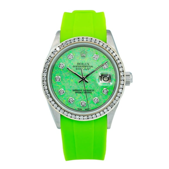 Pre-Owned Rolex Datejust 36MM 16014 Green Diamond Dial Diamond Bezel Green Rubber Strap