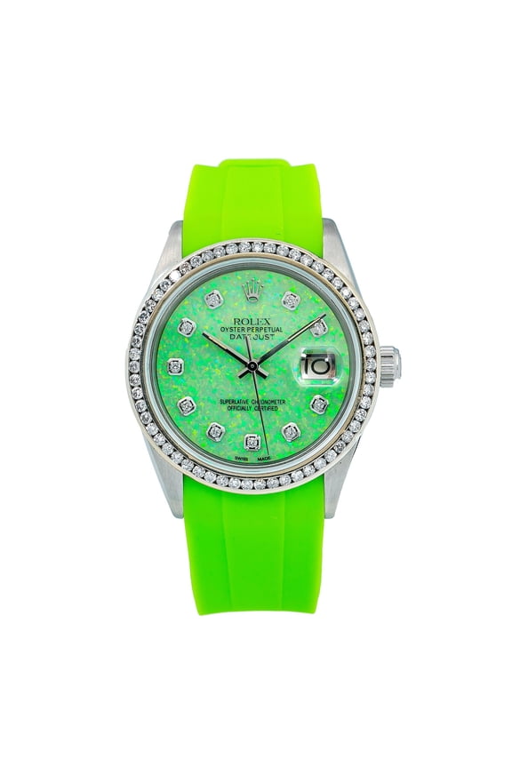 Pre-Owned Rolex Datejust 36MM 16014 Green Diamond Dial Diamond Bezel Green Rubber Strap