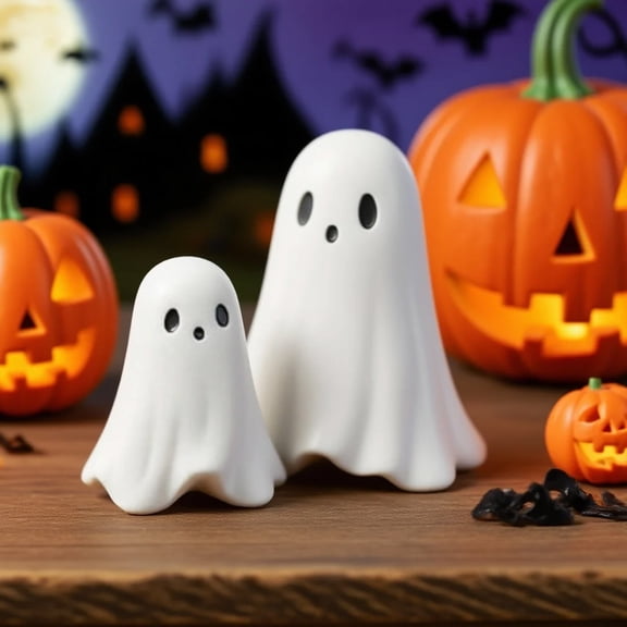 Halloween Ghost Figurines Decorations, 4.33 in Ceramic-Look Cute White Ghost Resin Tabletop Mantel Decor, Halloween Party Decorations