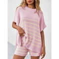 thumbnail image 4 of 2 Pcs Women's Striped Outfits Oversized Batwing Short Sleeve Tops High Waisted Shorts Summer Knit Lounge Short Sets, 4 of 7