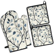 Blue Leaves Pattern Kitchen Oven Mitt and Pot Holder Sets 4 Pcs for Baking, Cooking and Grilling, Heat Resistant Up To 392 °F