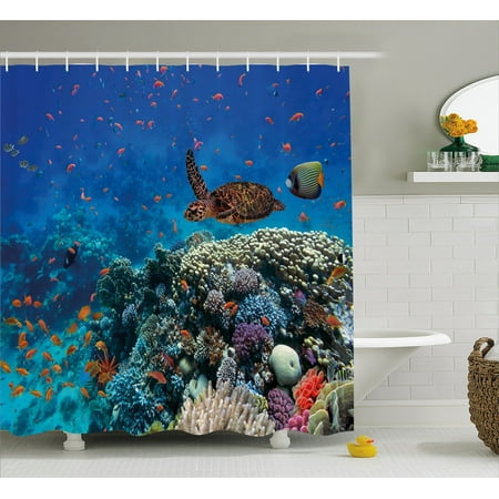 Exotic Shower Curtains Ocean Decor Shower Curtain, Exotic Fish and Turtle in Fresh Water on Stony Corals Bio Diversity Wild Life Photo, Fabric Bathroom Set with Hooks, 69W X 70L Inches, Multi, by Ambesonne ()