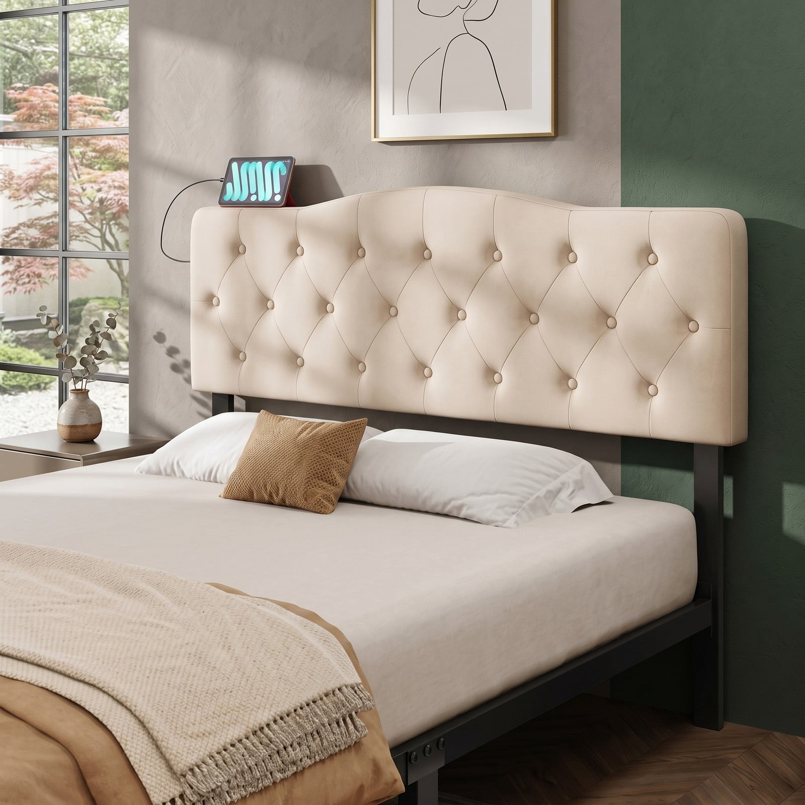 Furnibear Tufted Upholstered Headboard with Diamond Button Tufting and 2 AC Outlets and USB and Type-C Charging Ports for Full and Queen Beds, Beige