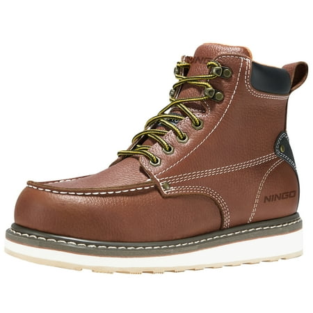 NINGO Men s Steel Toe Work Boots  6  Slip Waterproof Resistant Safety Shoes Brown US Size 13
