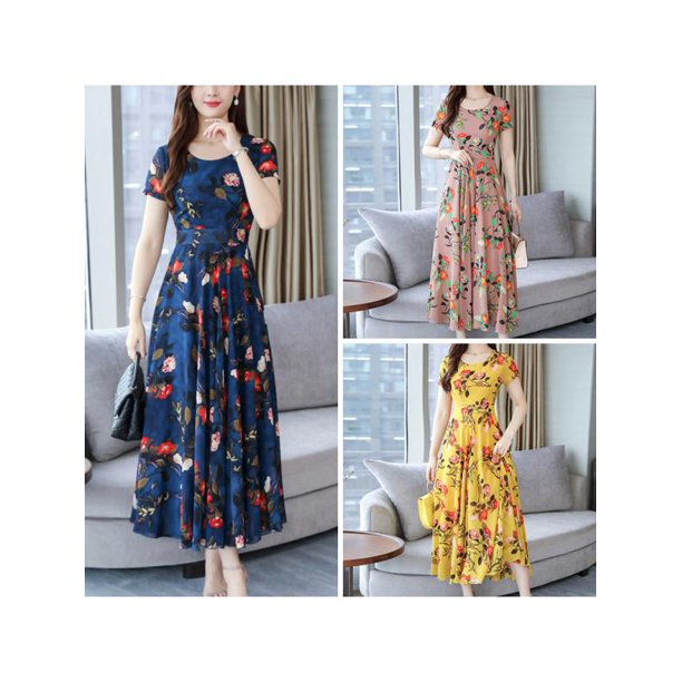 Topumt Womens Holiday Long Floral Dress Short Sleeve Ladies High Waist Slim Bodycon Beach Summer Dress Walmart Com