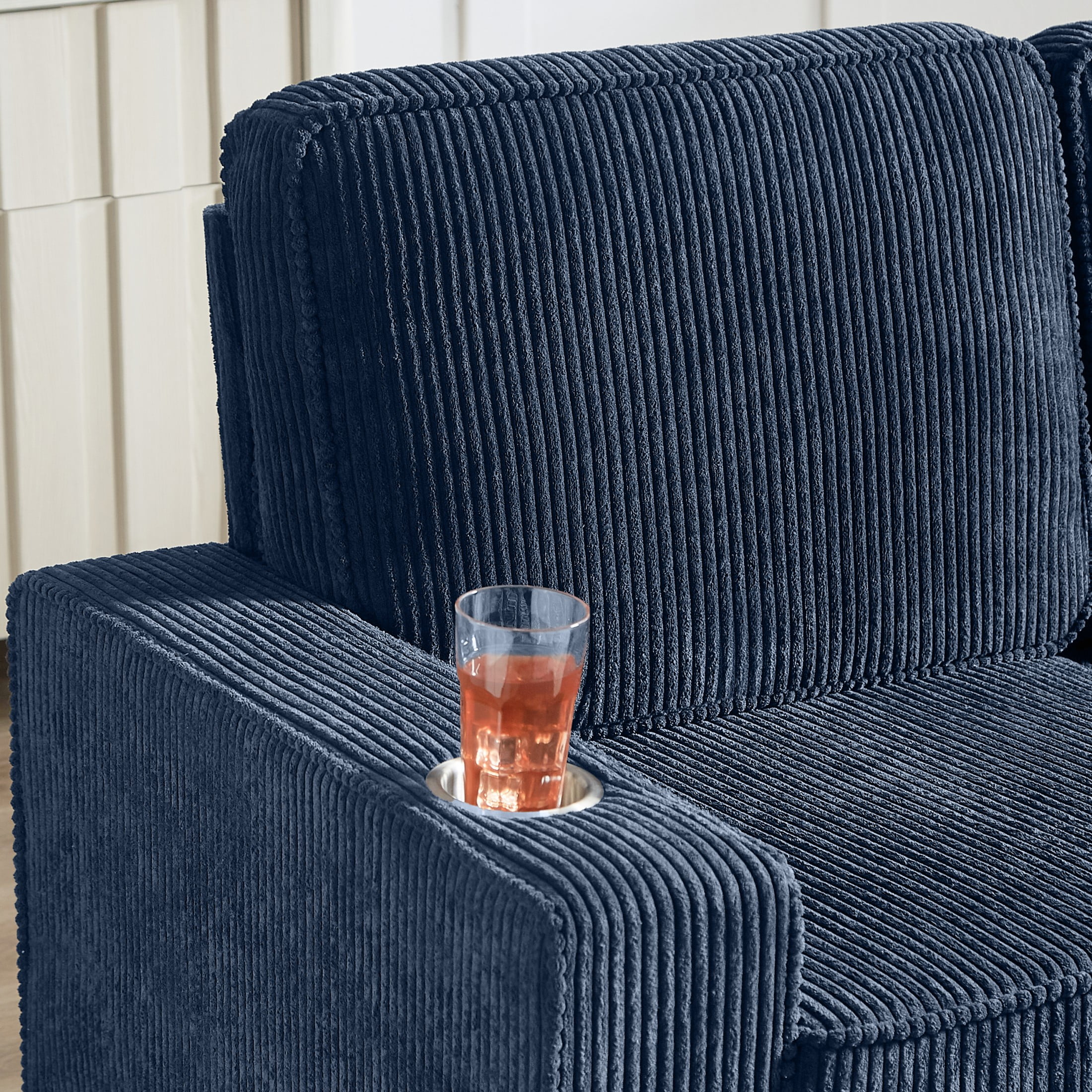 Aukfa 84" Corduroy Sofa with Cup Holders, Modern 3-Seater Fabric Couch for Living Room, Blue