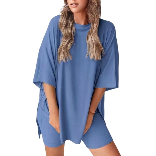 Conjunto de Dos Piezas para Mujer, Verano 2025, Informal, de Gran Tamaño, con Pantalones Cortos de Motociclista, Gris y Azul, Talla M