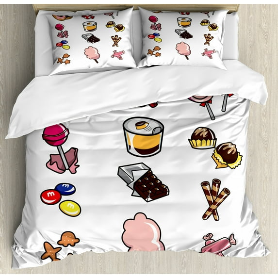 Chocolate Duvet Cover Set Queen Size, Cartoon Style of Various Candies Sugary Treats Delicious Yummy Snacks, Decorative 3 Piece Bedding Set with 2 Pillow Shams, Multicolor, by Ambesonne
