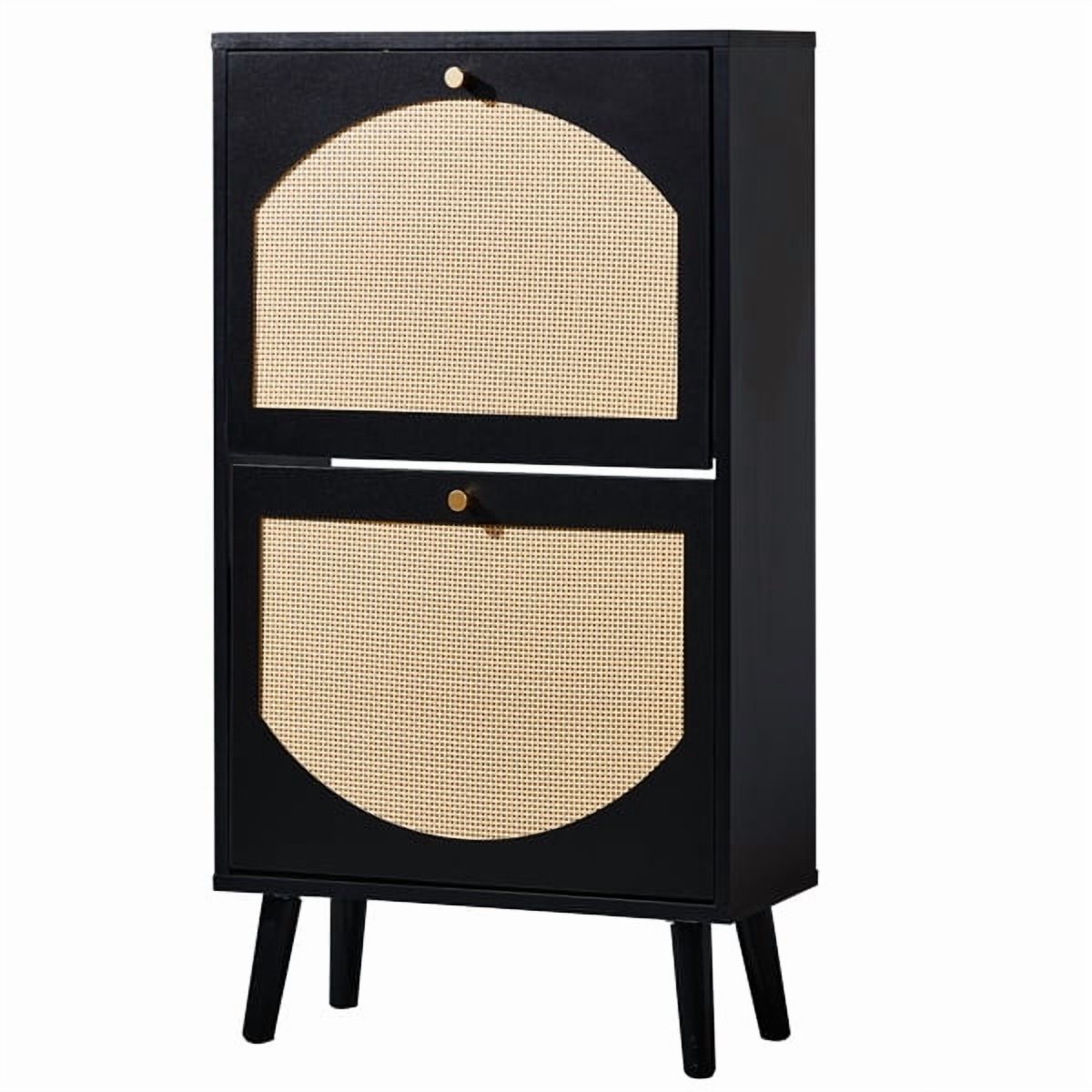 AsterOutdoor Modern 2-Door Flip-Down Shoe Cabinet Black Frame with Rattan Design, 98cm Height, Slim 24cm Depth, Stores 6-8 Pairs