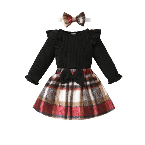 AUDeals Toddler Girl Plaid Dress Set Kids Ruffle Knit Top and Plaid Skirt with Headband 3 Piece Fall Winter Outfit Clothes Christmas Costume Size (Black, 9-12 Months)