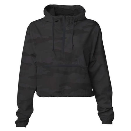 Independent Trading B11676986 Womens Lightweight Pullover Crop Windbreaker, Black Camo - Extra Large