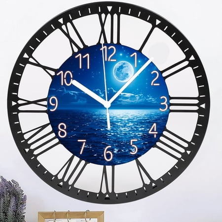 Iron Blue Wall Clock 10 Inch Moon Wall Clocks Battery Operated Silent Non Ticking Modern Decorative Round Analog Clock for Living Room Bedroom Kitchen Office Style 10×10inch(25×25cm)