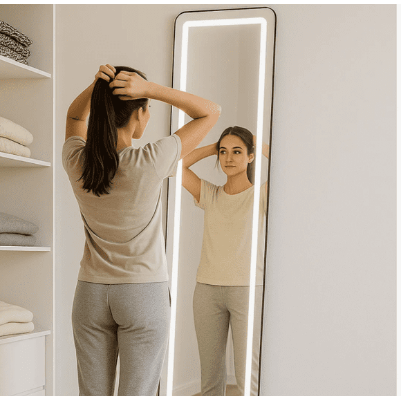 Espejo de Piso Cuerpo Completo con Luz Led de 3 Tonos Soporte y Marco Diseño Minimalista - Espejo de Pie y Pared para Dormitorio Recamara Sala Baño e Interiores 143 cm