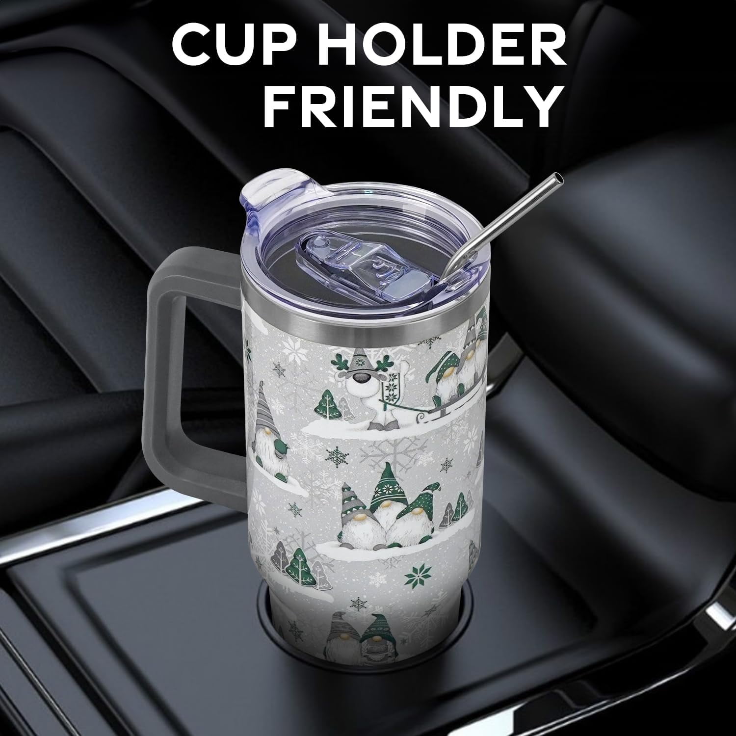 Christmas Gifts 40 oz Tumbler with Handle and Straw Lid,Cute Gifts for Women Winter Gnome Vacuum Insulated Leak Proof Tumbler,Holiday Accessories Stainless Steel Coffee Cup Mug (Green)