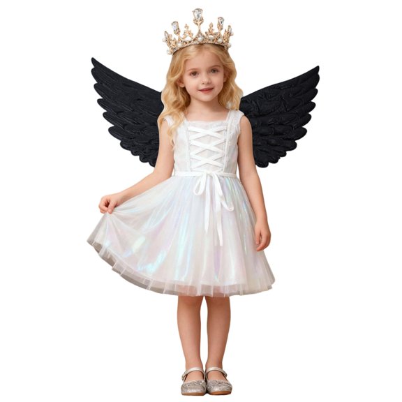 Arlun 1PC Angel Wings   1PC Crown, Fairy Angel Gold Wings Fancy Dress Cos for Kids Women Girls Performance Halloween Carnival Christmas Birthday Party Black 14.96*7.87in/5.91*5.12in