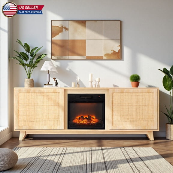 Hassch 70-Inch Electric Fireplace TV Stand with Rattan Doors & Oak Finish - 18" Fireplace Insert Included, Large Entertainment Center Media Console for TVs up to 80"
