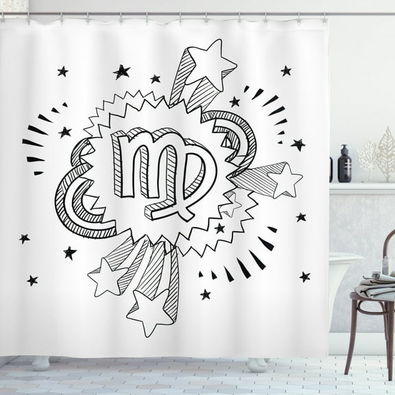 Zodiac Virgo Shower Curtain, Doodle Style Astrology Symbol on 1960s 1970s Pop Explosion Background, Fabric Bathroom Set with Hooks, 69W X 70L Inches, Black and White, by Ambesonne