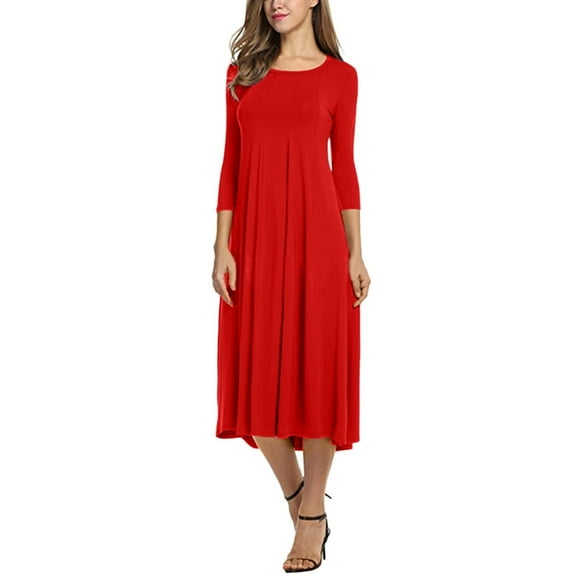 Winter Fall Dresses for Women Wedding Guest Long Sleeve Casual Solid Dress Round Neck Mid-Calf Swing Dress