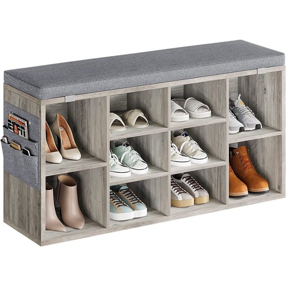 3 Tiers 10 Cube Wood Shoe Bench with Foam Padded Seat Cushion & Side Pocket Shoe Rack
