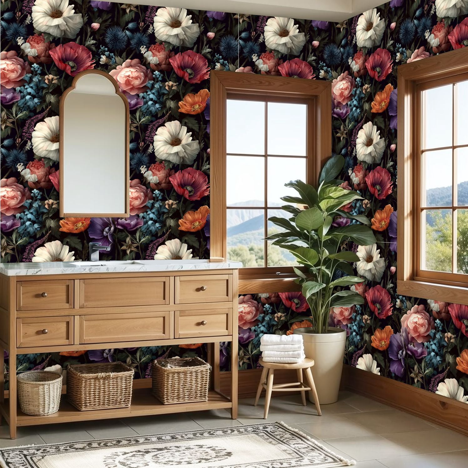 Peel and Stick Wallpaper Floral Botanical Colorful Roses Dark Wall Mural 23.6in x 9.8ft Self Adhesive Removable Wall Paper Renter Friendly Wallpaper for Bedroom