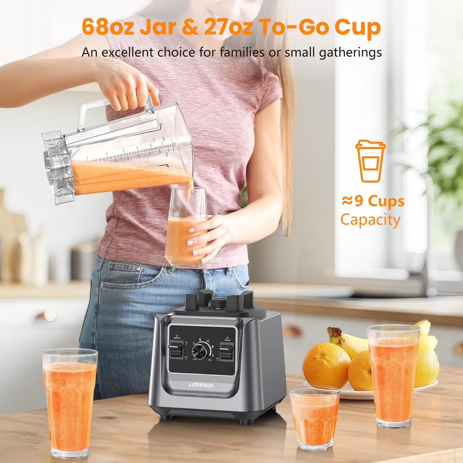 Blenders for Kitchen, 2000W Blender for Smoothies 35000 RPM Professional Grade High-Speed Smothie Blender with 68oz Pitcher & 27oz To-Go Cup for Smoothies, Ice, and Frozen Fruit