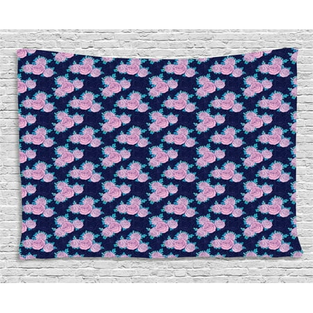 Flower Tapestry, Classic Vibrant Rose Blossom Romantic Love Buds Vintage Chic Pattern, Wall Hanging for Bedroom Living Room Dorm Decor, 60W X 40L Inches, Baby Pink Turquoise Indigo, by
