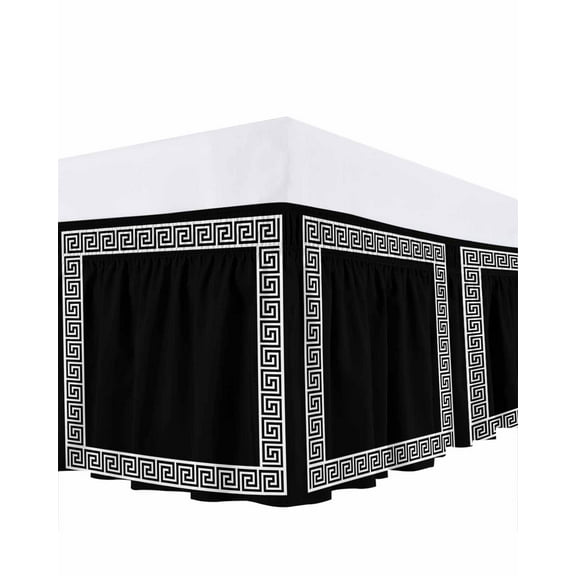 Black Bed Skirt Greek Chinese Style Border Geometric Bed Skirts Queen Size 18 Inch Drop, Wrap Around Dust Ruffle Bedskirt with Adjustable Elastic Belt for Queen Size Beds