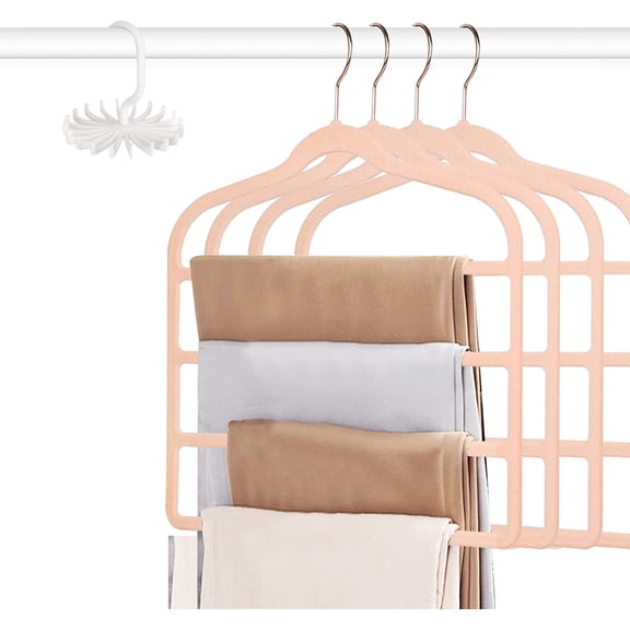 4 Pack Pink Velvet Pants Hangers 4-Tier Space Saving Non-Slip Trousers Organizer Rack for Jeans Slacks