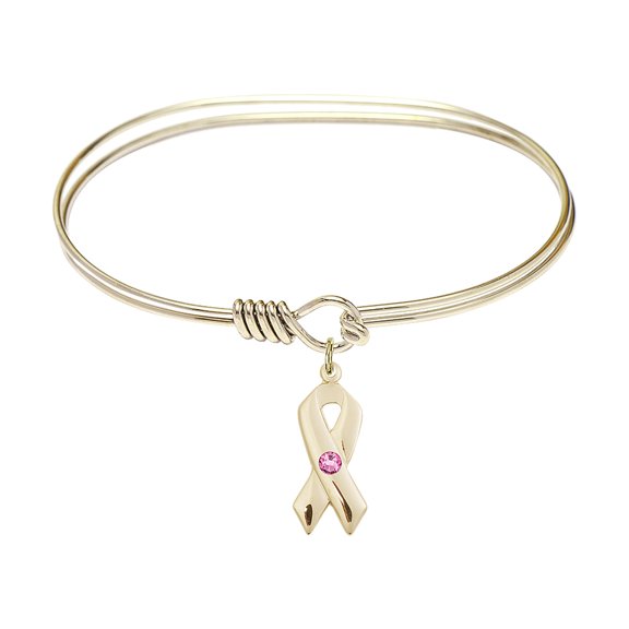 7 inch Oval Eye Hook Bangle Bracelet w/ Cancer Awareness medal charm w/ Rose Swarovski Crystal